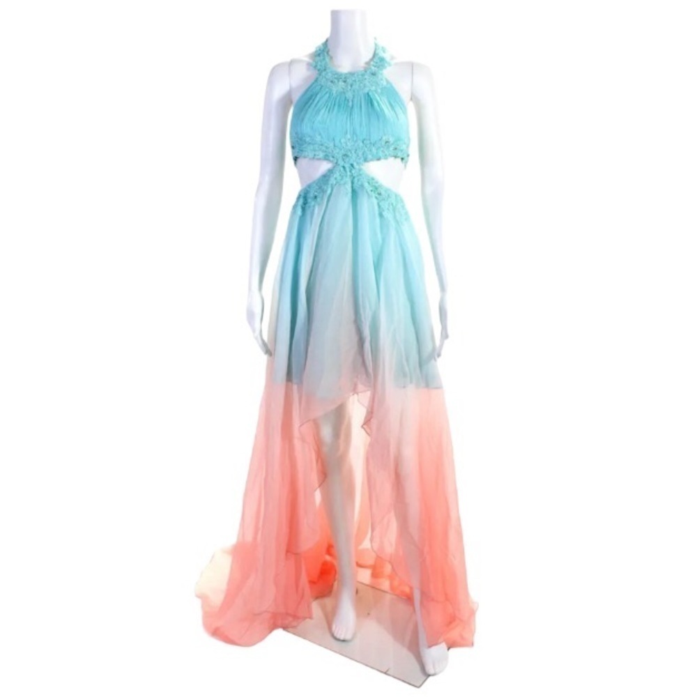 NWT Sherri Hill Dress Size 0 Pastel Blue Coral Orange Ombre Hi Low Cutout Gown